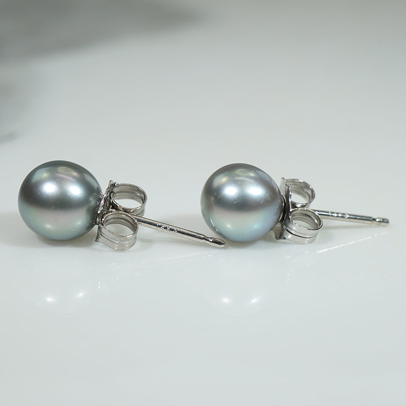 Iridescent Dark Grey 6mm Pearl & White Gold Studs