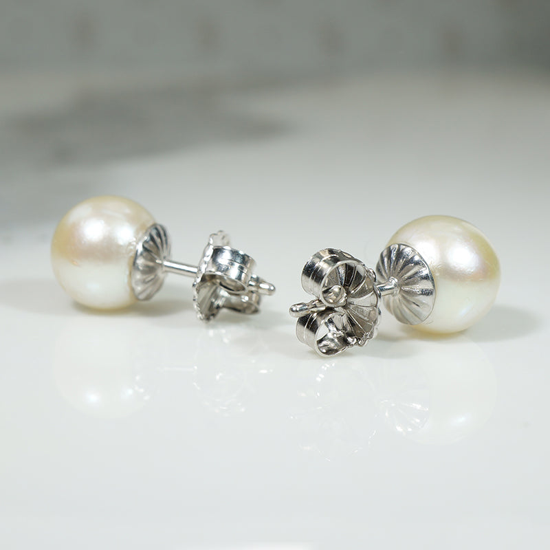 Lush 8.8mm Pearls in Fancy White Gold Stud Settings