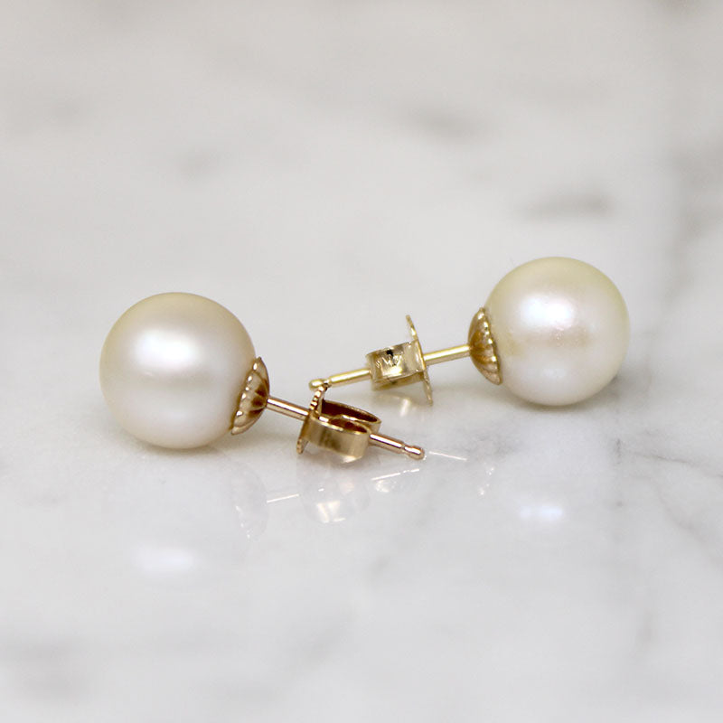 Delicate 8.6mm White Pearl & Gold Stud Earrings