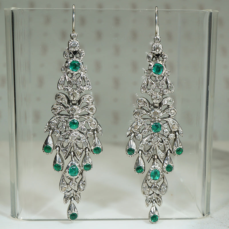 Elegant Rose Cut Diamond and Emerald Paste Earrings