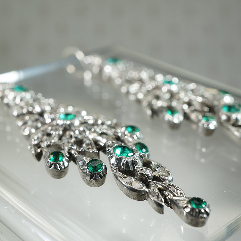 Elegant Rose Cut Diamond and Emerald Paste Earrings