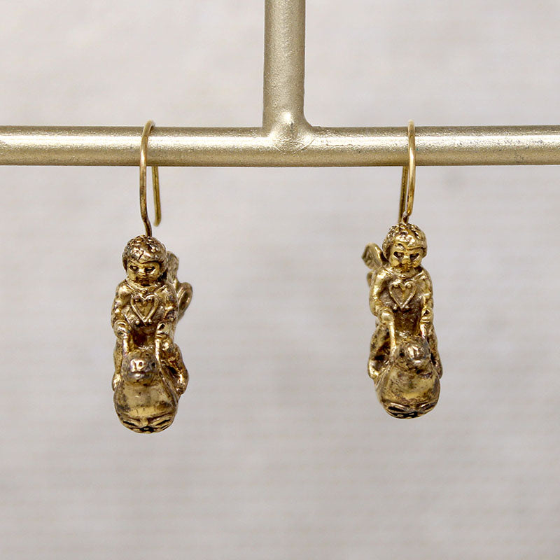 Chubby Cherub & Bird Silver Gilt Earrings Signed MFA