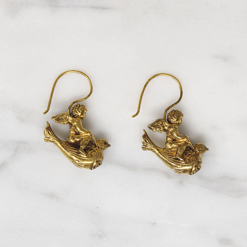 Chubby Cherub & Bird Silver Gilt Earrings Signed MFA