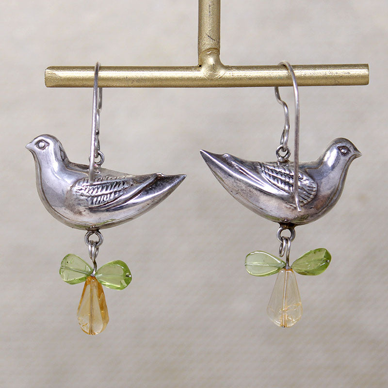 Chubby Silver Bird Earrings with Gemstone Leaves