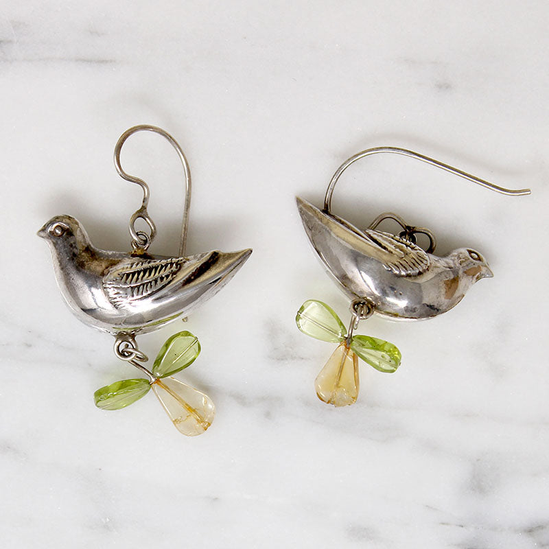 Chubby Silver Bird Earrings with Gemstone Leaves