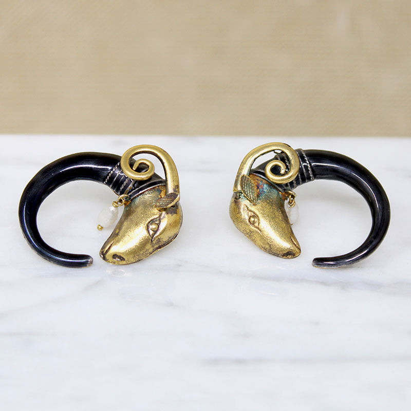 Fascinating Silver Gilt & Enamel Ram's Head Earrings