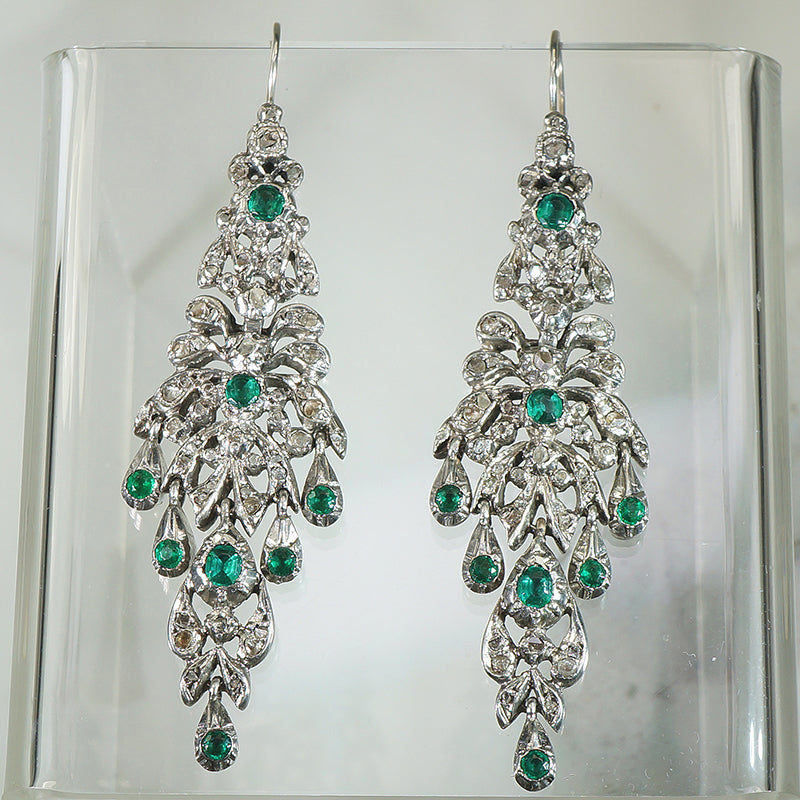 Elegant Rose Cut Diamond and Emerald Paste Earrings
