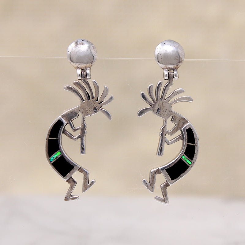 Vivacious Kokopelli Earrings with Onyx & Opal Inlay
