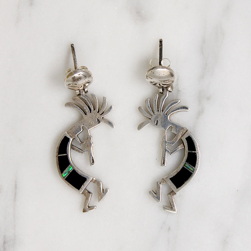 Vivacious Kokopelli Earrings with Onyx & Opal Inlay
