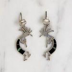 Vivacious Kokopelli Earrings with Onyx & Opal Inlay
