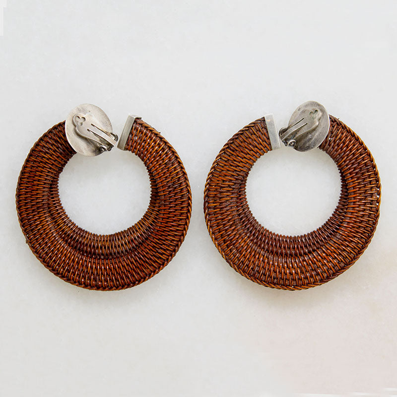 Oversized Rattan & Sterling Silver Clip On Hoops