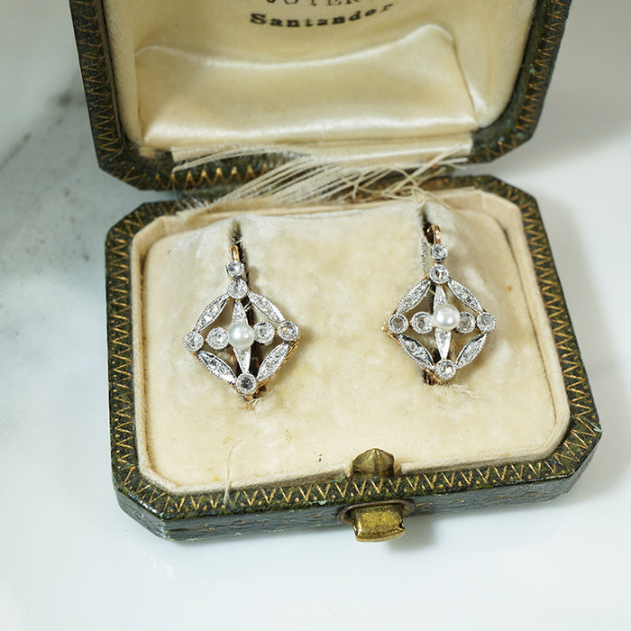 Rose Cut Diamond and Pearl Ear Bobs In Original Box