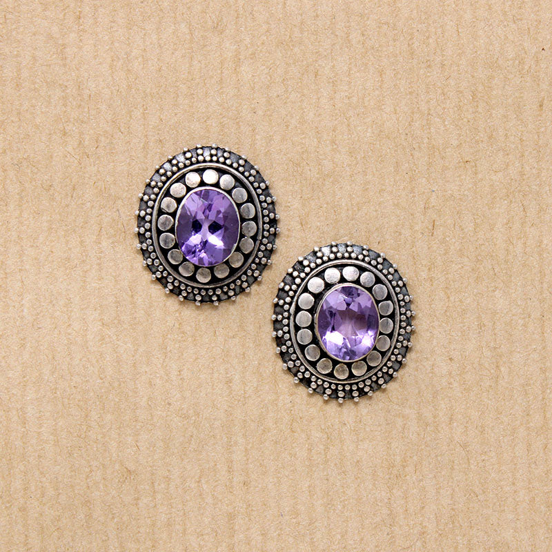Lovely Amethyst in Beaded Sterling Stud Earrings