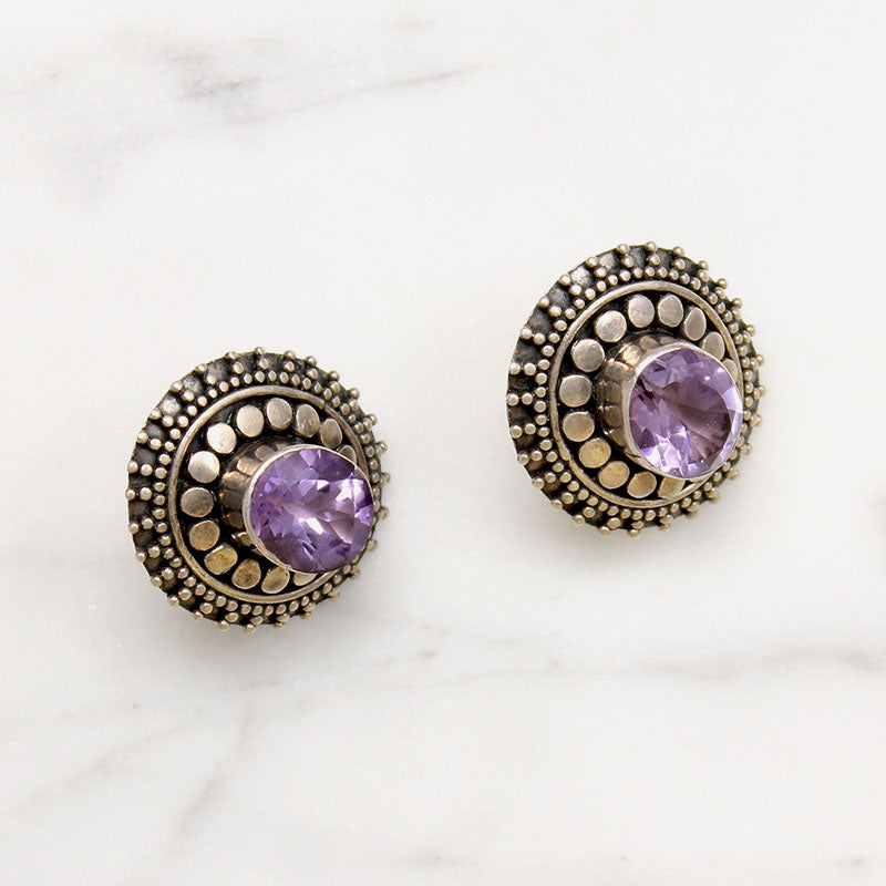 Lovely Amethyst in Beaded Sterling Stud Earrings