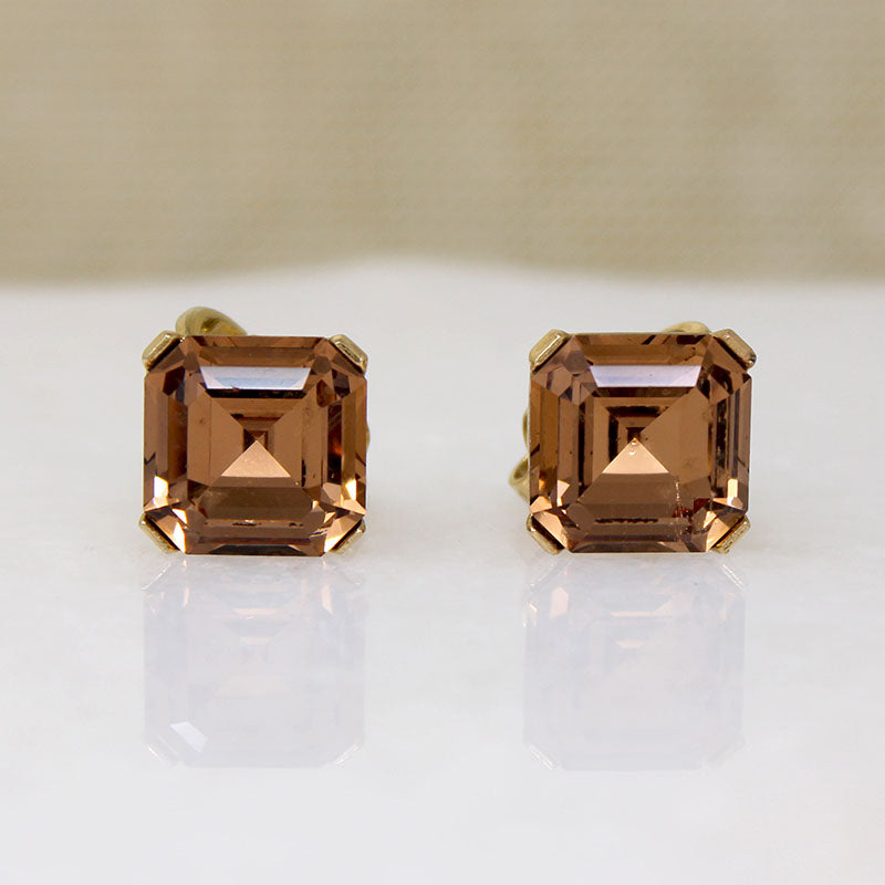 Amber-Colored Step Cut Rhinestone Earrings by Trifari