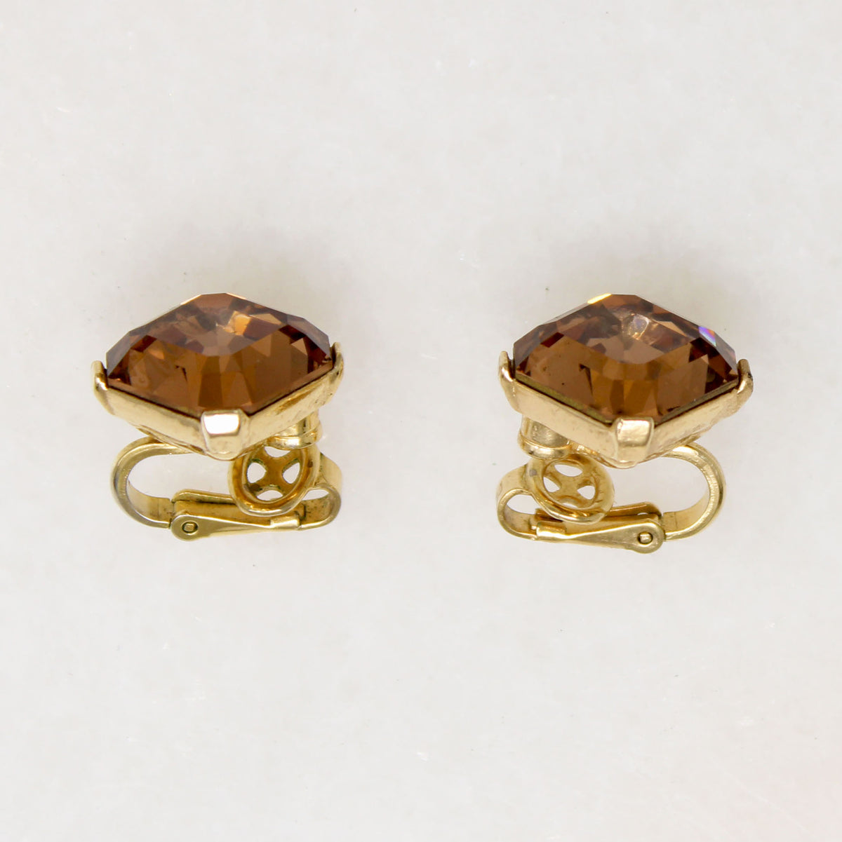 Amber-Colored Step Cut Rhinestone Earrings by Trifari