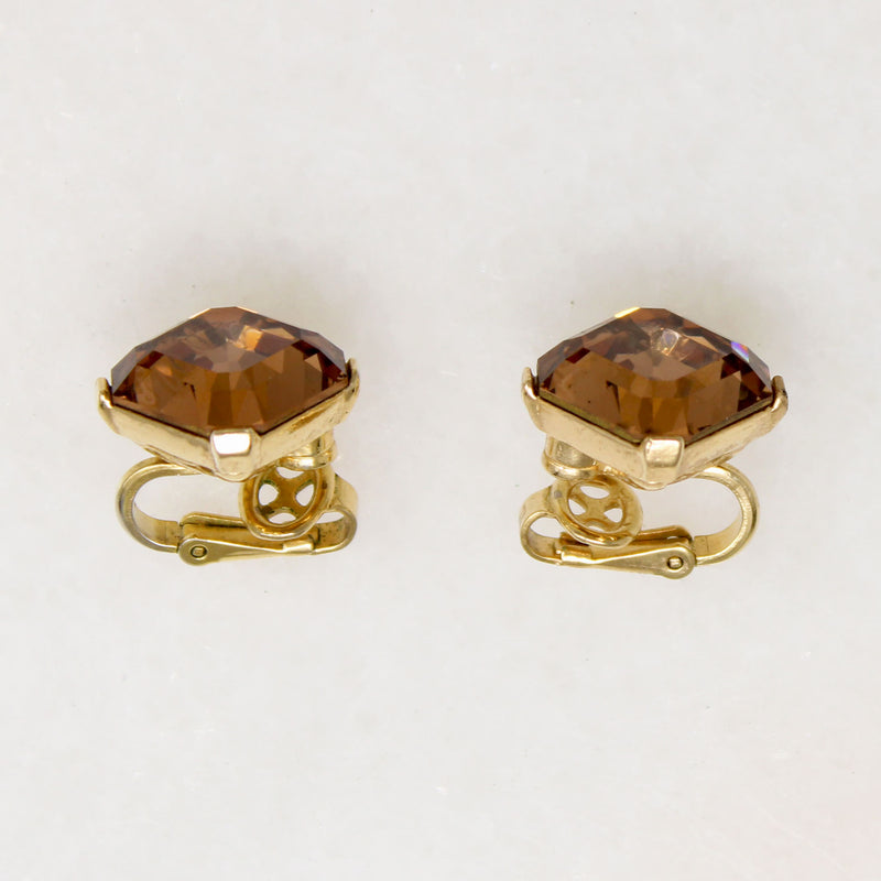 Amber-Colored Step Cut Rhinestone Earrings by Trifari