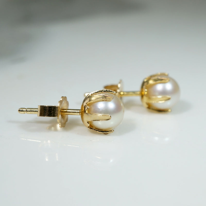 Creamy Pearls in Distinctive Gold Stud Earrings