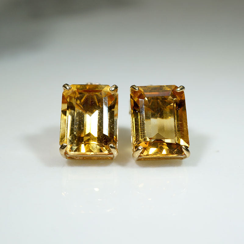 Golden Emerald Cut Citrine in Gold Stud Earrings