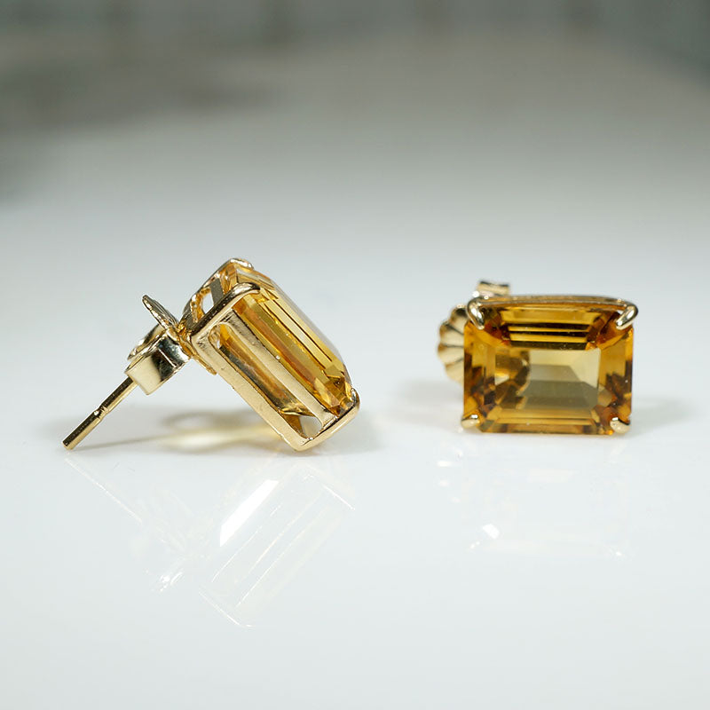 Golden Emerald Cut Citrine in Gold Stud Earrings