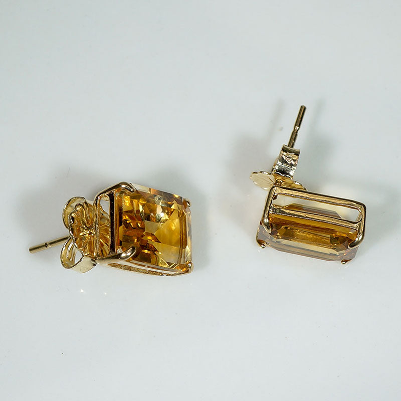 Golden Emerald Cut Citrine in Gold Stud Earrings