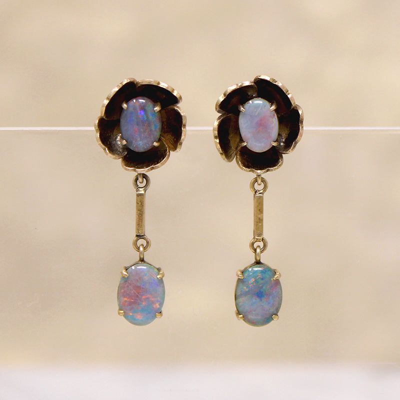 Gold Flowers & Vibrant Opals 1960s Earrings