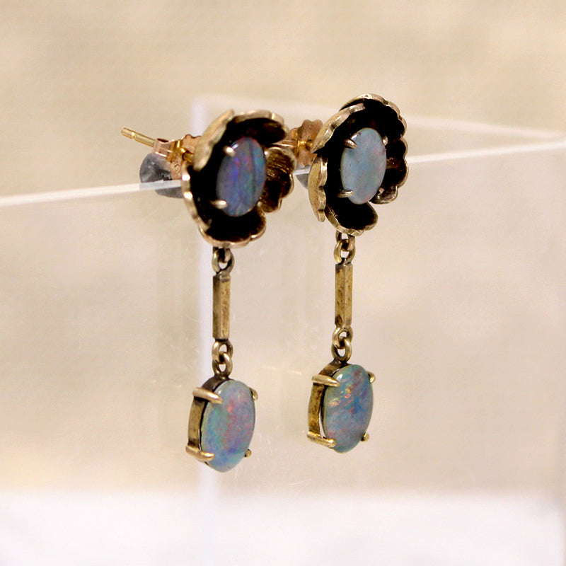 Gold Flowers & Vibrant Opals 1960s Earrings