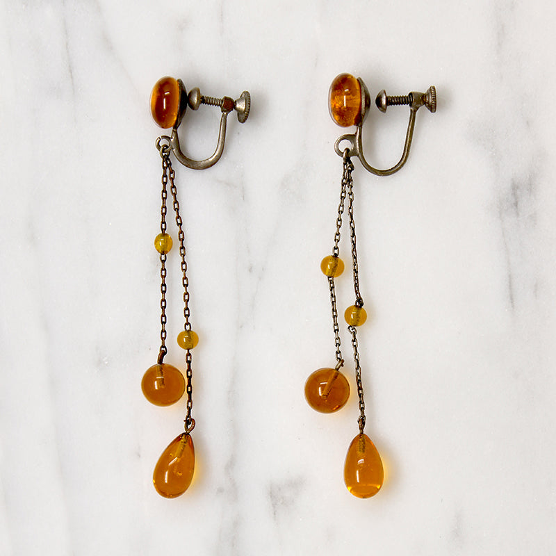 Dripping Amber-Colored Czech Glass Flapper Earrings