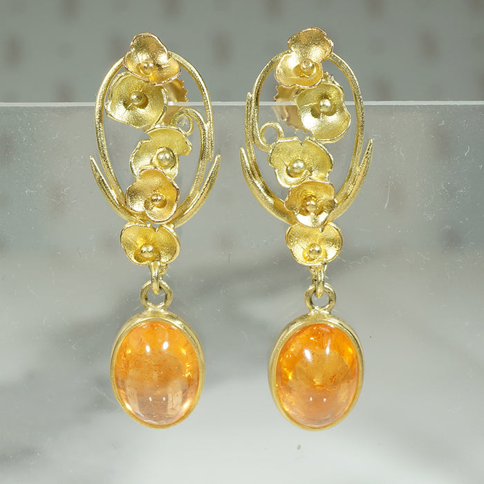 Gold Flowery Spessartite Garnet Dangly Earrings