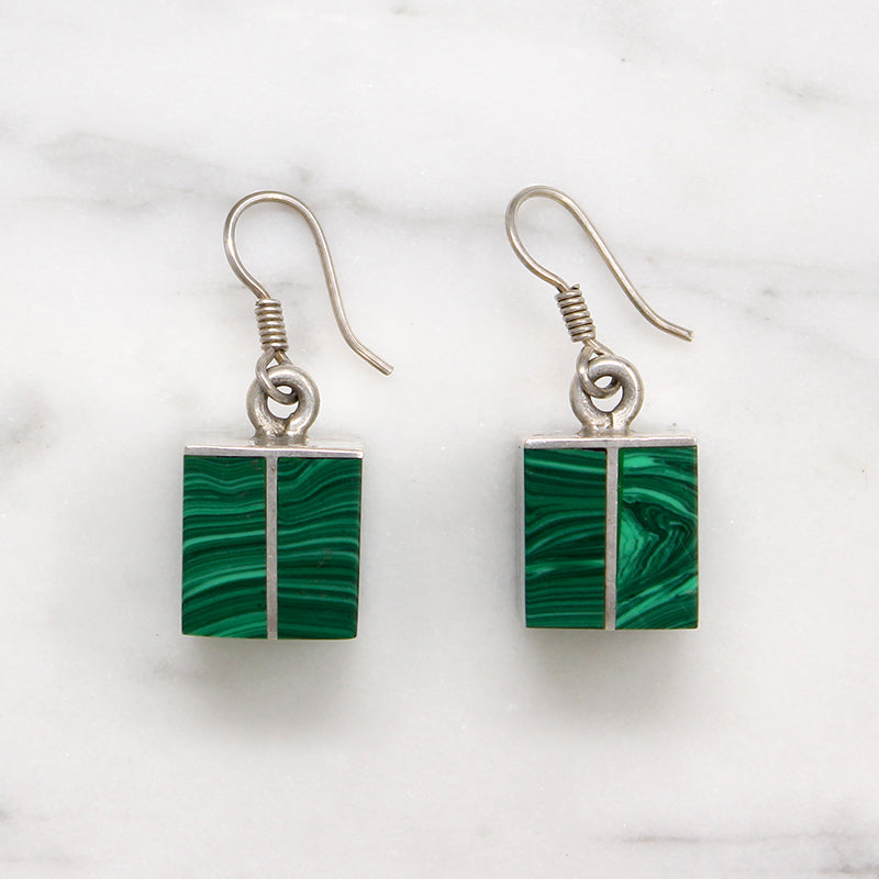Mexican Malachite & Sterling Silver Cube Earrings