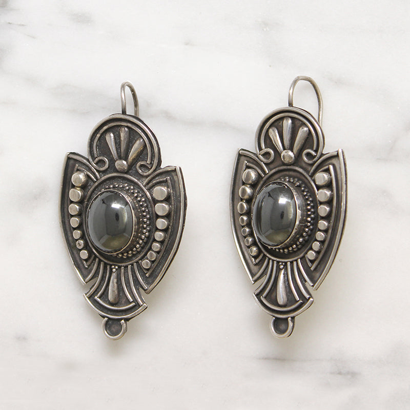 Striking Sterling Silver & Hematite Shield Earrings