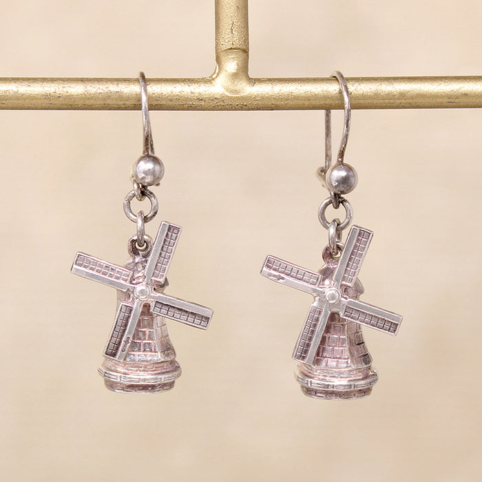Tiny 3-D Silver Windmill Earrings