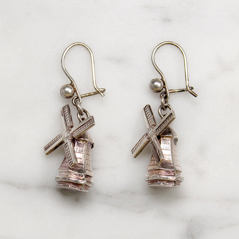 Tiny 3-D Silver Windmill Earrings