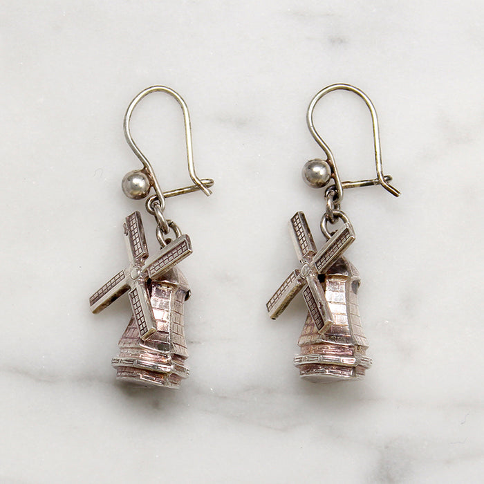 Tiny 3-D Silver Windmill Earrings