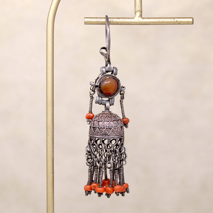 Single Nepalese Earring of Silver, Coral & Carnelian
