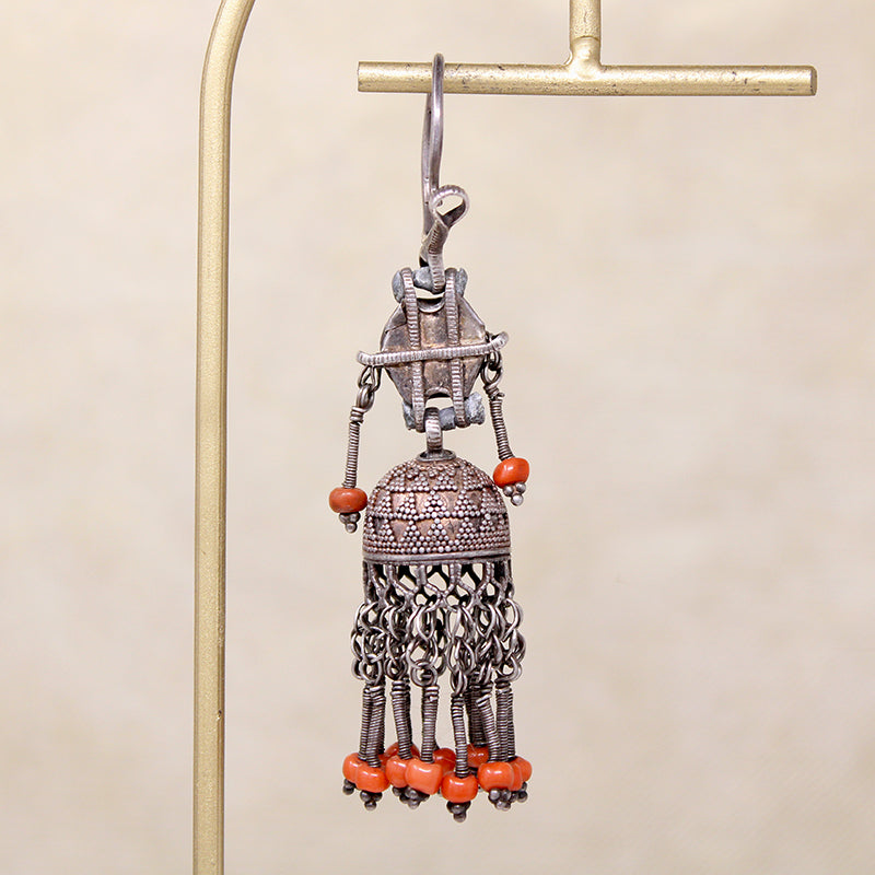 Single Nepalese Earring of Silver, Coral & Carnelian