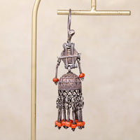 Single Nepalese Earring of Silver, Coral & Carnelian