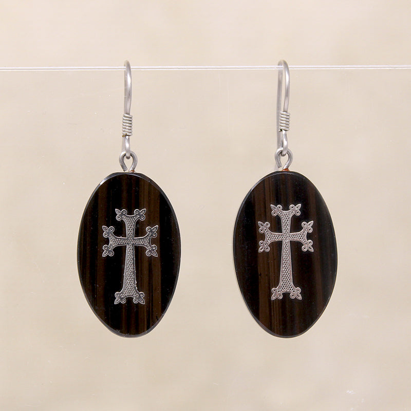 Victorian Agate Earrings Inlaid with Silver Crosses