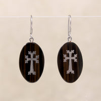 Victorian Agate Earrings Inlaid with Silver Crosses