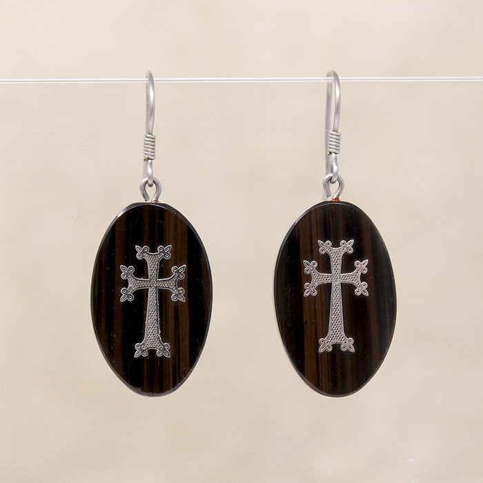 Victorian Agate Earrings Inlaid with Silver Crosses