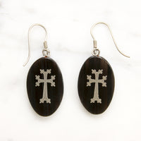 Victorian Agate Earrings Inlaid with Silver Crosses
