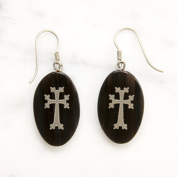 Victorian Agate Earrings Inlaid with Silver Crosses