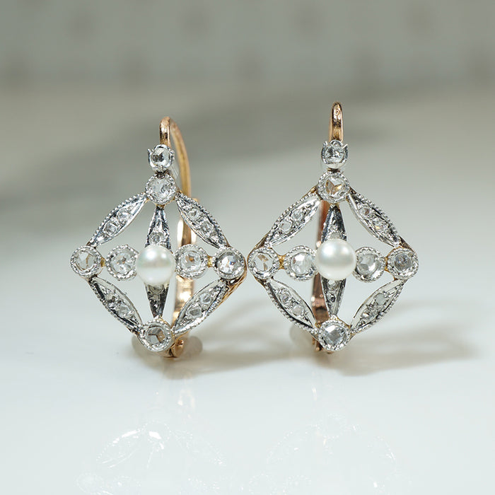 Rose Cut Diamond and Pearl Ear Bobs In Original Box