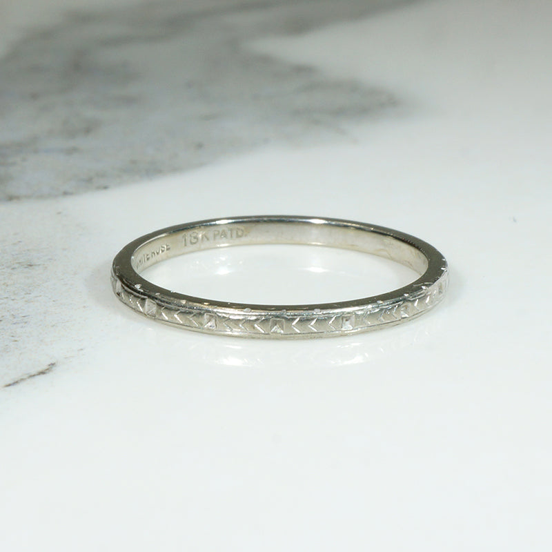 White Gold Wedding Band with Classic Deco Chevron Pattern