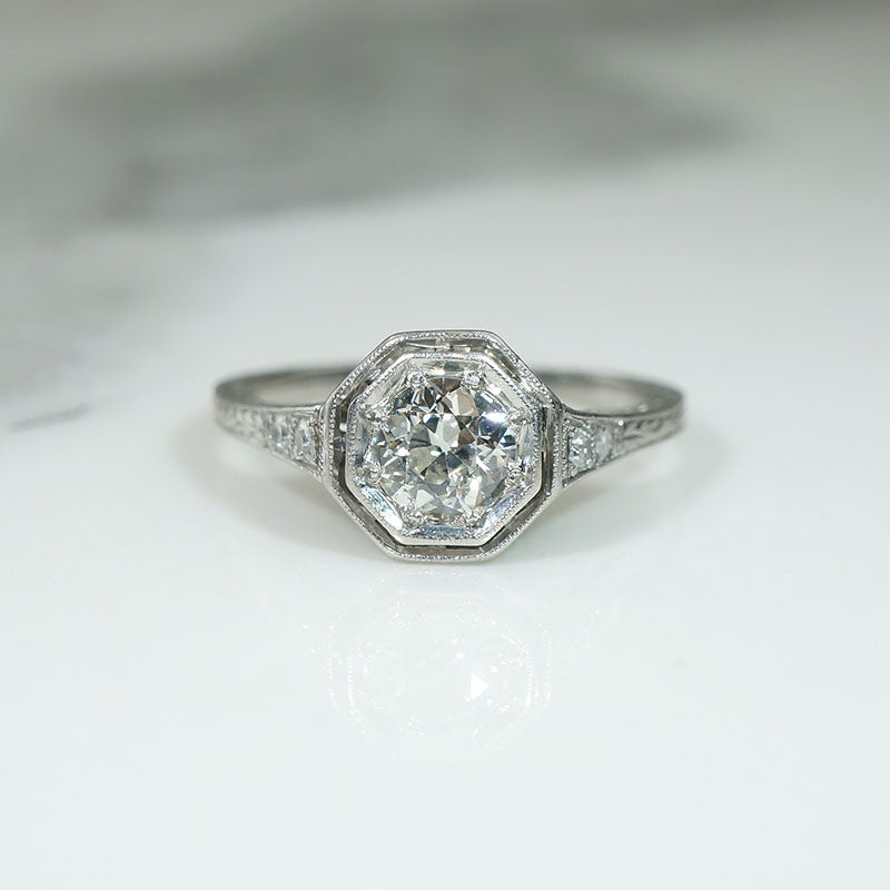 Exquisitely Engraved Art Deco Diamond & Platinum Engagement Ring