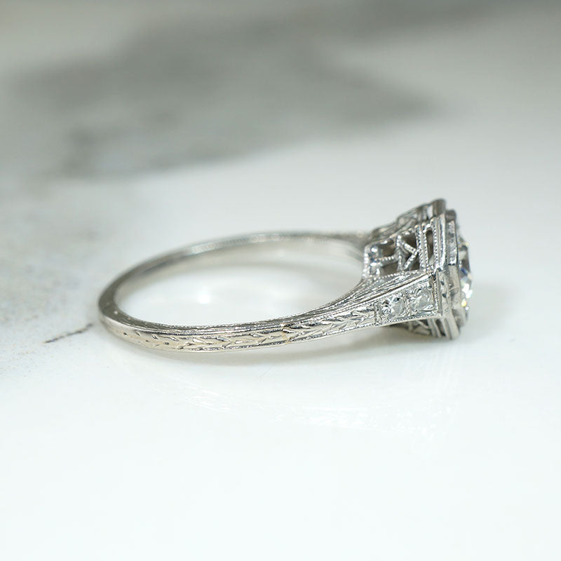 Exquisitely Engraved Art Deco Diamond & Platinum Engagement Ring