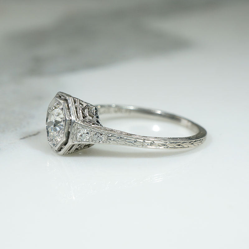 Exquisitely Engraved Art Deco Diamond & Platinum Engagement Ring