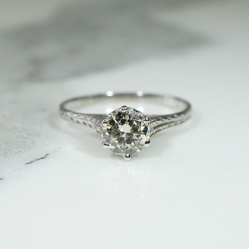 Architectural Art Deco Diamond Solitaire in Engraved White Gold