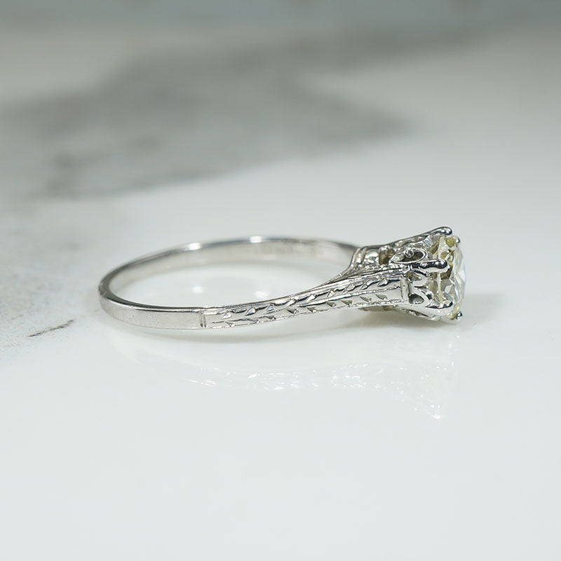 Architectural Art Deco Diamond Solitaire in Engraved White Gold