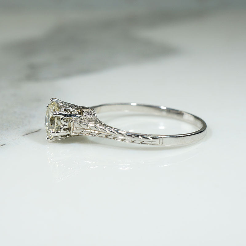 Architectural Art Deco Diamond Solitaire in Engraved White Gold